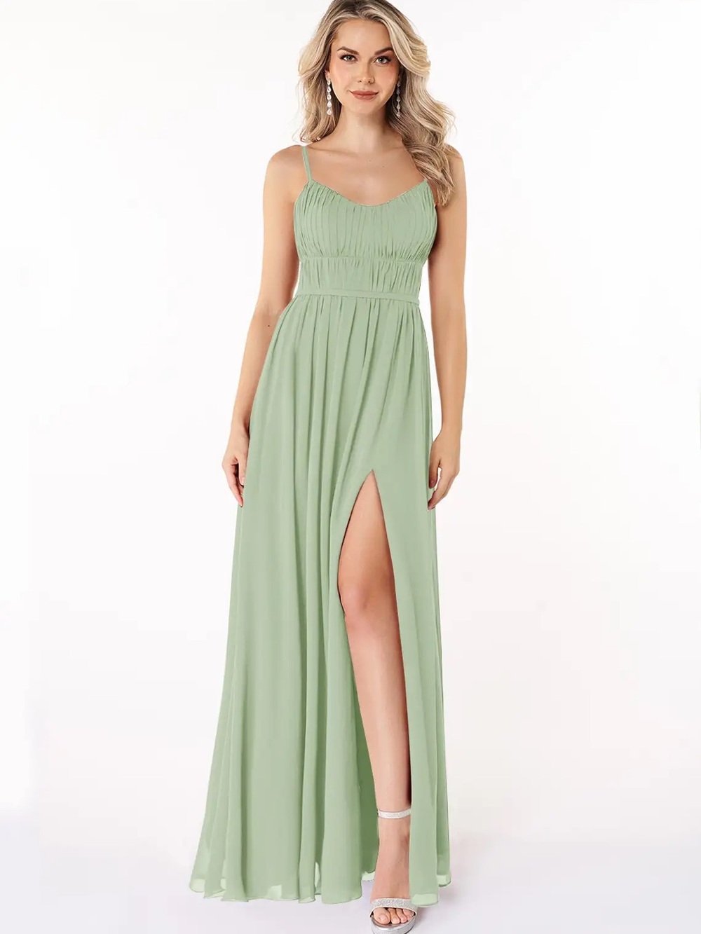 Azazie Dusty Sage Green Spaghetti Strap Maxi Dress with Thigh Slit